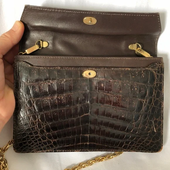 1960's dark brown alligator skin leather Clutch Mini gold color chain strap
